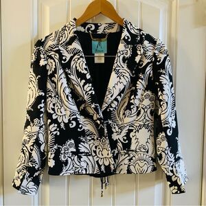 Marciano Black & White Paisley Corset Tie Back Cropped Silk Blazer | Size 4